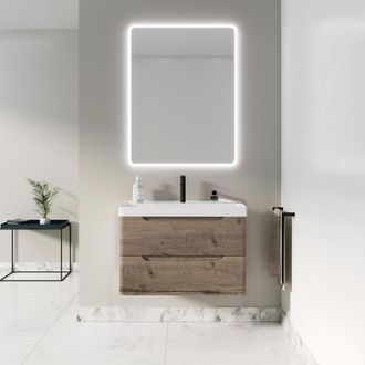 Aurlane Mueble De Ba&ntilde;o 80 Cm 2 Cajones Roble Oscuro - Lavabo De Cer&aacute;mica Blanca
