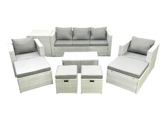 Fimous 9 Pieces Rattan Garden Furniture Set Outdoor Garden Sofa Chair Coffee Table Set with Side Table 4 Footstools Light Grey Mixed