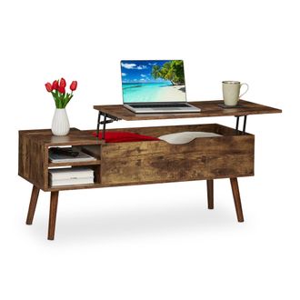 Relaxdays Mesa Centro Elevable, 2 Compartimentos Laterales, Mesita Sof&aacute; Con Almacenaje, Industrial, 45x108x40cm, Marr&oacute;n - Relaxdays