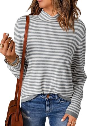 Dokotoo Womens Jumpers Striped Pullover Sweater Long Sleeve Half Turtleneck Color Block Ladies Lightweight Loose Casual Knit Sweater Tops Gray 2XL 24 26