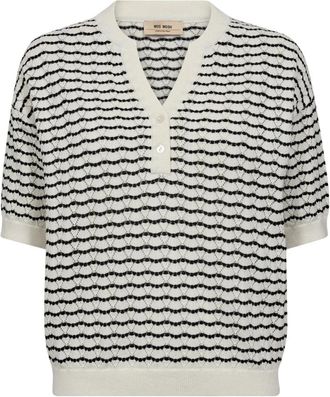 Mos Mosh Gestreepte Gebreide Trui met V-Hals - Dames - V-hals truien - Beige - XL - Katoen - Truien & Vesten