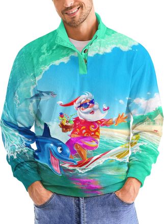 Generic Christmas Sweatshirts for Men Fashion Xmas Graphic Print Long Sleeve Sweatshirt Stand Collar Button Slim Pullover Tops