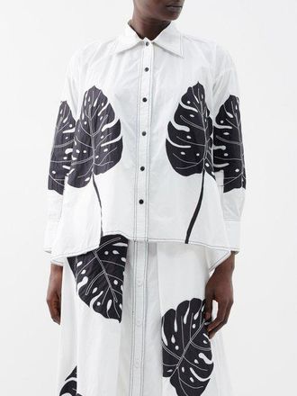 Love Birds Leaf-embroidered Cotton-poplin Shirt - Womens - White Black
