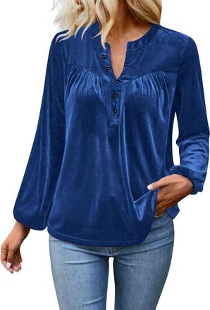 Generic Jumpers for Women Uk Ladies Velvet Button Up V Neck Velour Tops Swing Long Sleeve Tunic Blouse Elegant Soft Henley Shirt Sweaters Evenings Out Special