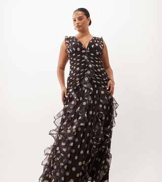 Asos Curve vestito maxi arricciato con dettaglio a cascata in fantasia cioccolato-Marrone