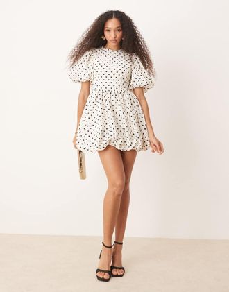 Sister Jane Sister Jane puff sleeve mini dress in ivory polka dot-Black