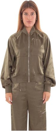 Lacoste Jassen, Dames, Groen, S, Satijn, Oversized Geborduurd Signature Satijnen Bomberjack