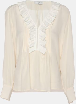 Sandro Light Beige Crepe Ruffle Trip Long Sleeve Shirt