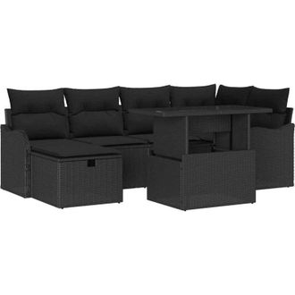 vidaXL Conjunto De Sof&aacute; De Jard&iacute;n Con Coj&iacute;n 7 Pcs Negro Polirat&aacute;n