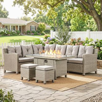 OUTSUNNY 5 PCs Outdoor Rattan Corner Dining Set Footstool Gas Fire Pit Table Furniture in Grey