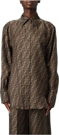 Fendi Overhemden, Dames, Bruin, L, Satijn, FF Zijden Overhemd