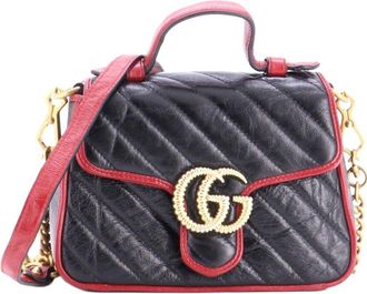 Gucci Black Sheep Leather Gg Marmont Top Handle Flap Bag Diagonal Quilted Mini (Authentic Pre-Loved)
