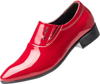 Generic Mens Business Leather Shoes Classic Patent Without Lacing Slip On Loafers Pointed Toe Leather Shoe Block Heel Non Slip Fashion Wide Footwear for Mens 