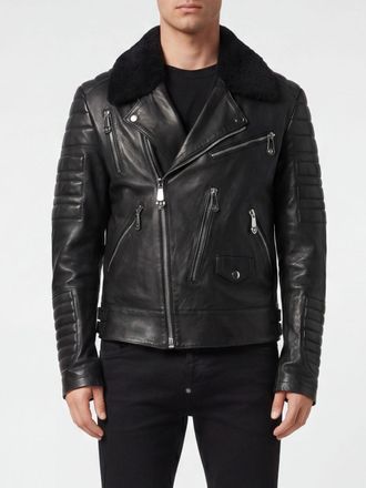 Philipp Plein Giacca biker in pelle con logo Shearling