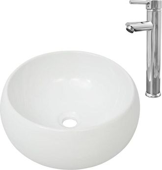 vidaXL Lavabo de baño redondo con grifo mezclador cerámica blanco Vidaxl
