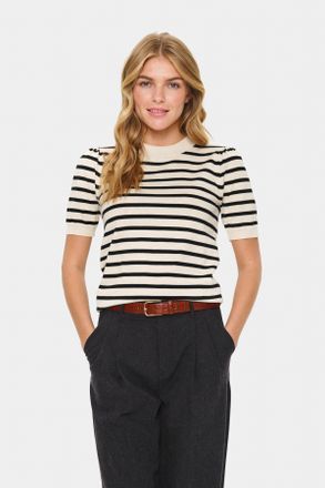 Saint Tropez Kurzarmpullover SAINT TROPEZ MilaSZ SS Striped, Damen, Gr. XXL, braun rice schwarz stripe, Strick, Obermaterial: 80% Viskose, 20% Polyacryl, gestreift