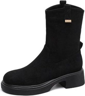 Generic Womens Mid Calf Boots Round Toe Chunky Block Heels Side Zip Soft Suede Comfortable Non Slip Wear Resistant Casual Daily Work Shoes,Black,4.5 UK