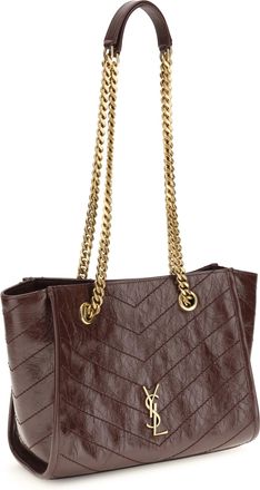Saint Laurent Womens Small Niki Leather Tote Bag Hot Wine Calf Bos Taurus Shoulder