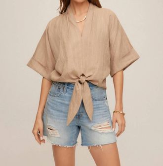 Fifteen Twenty Janice Cuffed Sleeve Tie Front Top In Tan With Gold Stripes