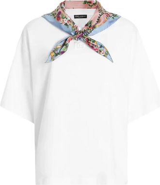 Dolce & Gabbana Jersey T-Shirt met Sjaal en Borduursel - Dames - T-shirts - Wit - S - Katoen - Tops