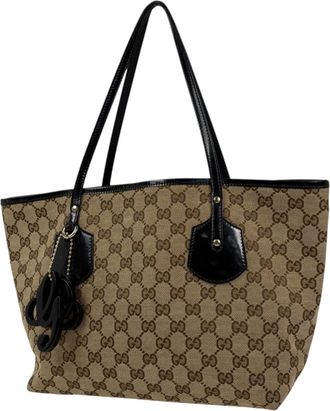 Gucci Beige Black Canvas Handbag Tote Bag (Pre-Owned)