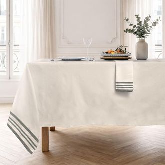 Febronie Mantel + 8 servilletas algod&oacute;n 180x350 beige lino / verde aceituna