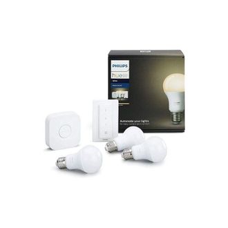 Philips Hue White Starter Kit con 3 Lampadine led Smart, Luce Bianca Calda, Dimmerabile, 9W, Attacco E27, Hue Bridge e Telecomando Dimmer Switch