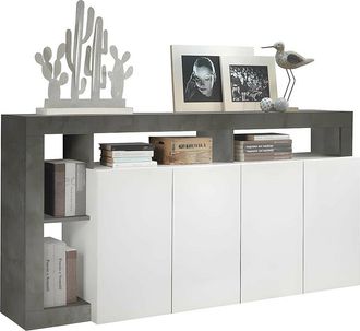 Vente-Unique Aparador SEFRO - 4 puertas y 4 estantes - Blanco lacado y cemento