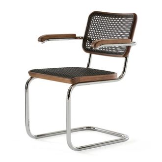 Thonet S 64 V Armlehnstuhl, Chrom / Nussbaum / Rohrgeflecht mit Kunststoffst&uuml;tzgewebe dark melange
