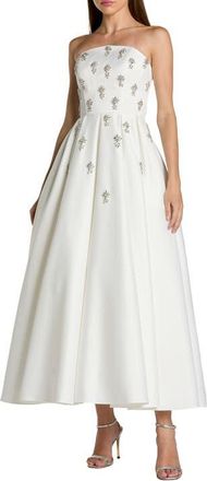 Mac Duggal Crystal Embellished Strapless Satin A-Line Dress in Ivory at Nordstrom, Size 16
