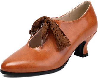 Generic Womens Pointed Toe Pumps Lace Bow Embellishment Cutout Detail Kitten Heel Textured Upper Lightweight Comfortable Shoes for Fashion Party,Brown,4.5 UK