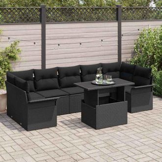 vidaXL Vidaxl - Conjunto De Sof&aacute; De Jard&iacute;n Con Coj&iacute;n 8 Pcs Negro Polirat&aacute;n