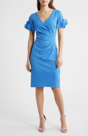 Adrianna Papell 3D Flower Cuff Crepe Faux Wrap Dress in Cool Water at Nordstrom, Size 12