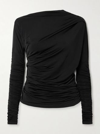 Ganni Maglia Asimmetrica In Jersey Satin Drappeggiato - Nero