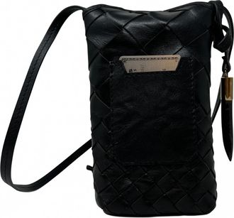 Kempton & Co. Mini Sling Phone Crossbody Bag In Black Weaved Leather