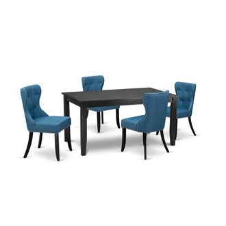 East West Furniture A modern dining table set of 4 excellent parson dining chairs with Linen Fabric Mineral Blue color and a gorgeous mid-century dining table