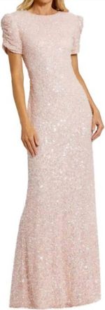 Mac Duggal Puff Sleeve Beaded Dress In Blush