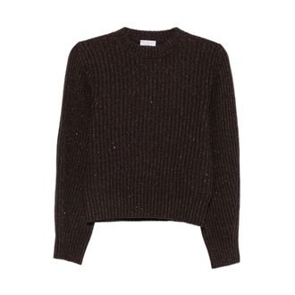 Brunello Cucinelli Trui met Engelse rib en diamantgaren - Dames - Ronde hals truien - Bruin - M - Katoen - Truien & Vesten