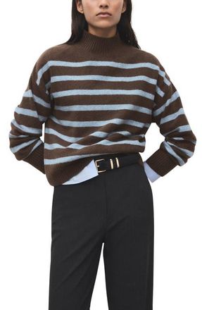 Mango Oversize Stripe Mock Neck Sweater in Chocolate at Nordstrom, Size Small