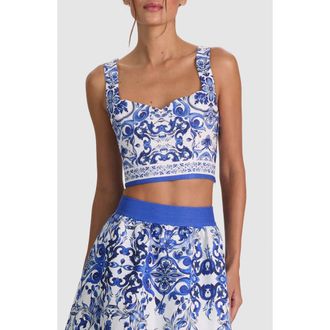 Alice & Olivia Miriam Tie Back Linen Blend Crop Top in Solstice at Nordstrom, Size 12