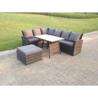 Fimous Fimous - 7 Seater High Back Rattan Garden Furniture Set Corner Sofa With Oblong Dining Table Footstool