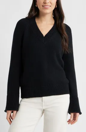 Caslon Oversize V-Neck Cotton Sweater in Black at Nordstrom Rack, Size Small