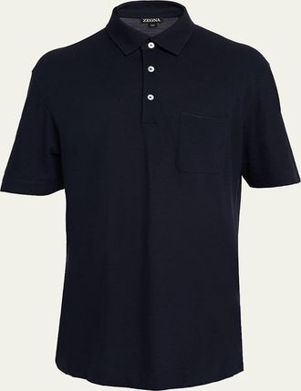 Ermenegildo Zegna Mens Cotton Polo Shirt with Leather-Trim Pocket