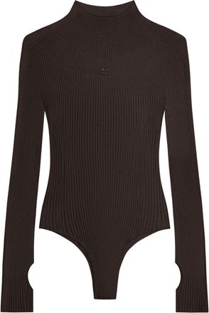 Courrèges logo-embroidered ribbed bodysuit - women - Wool/Cotton - S - Brown