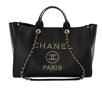 Chanel Large Black Leather Deauville Shoulder Tote Bag Size L