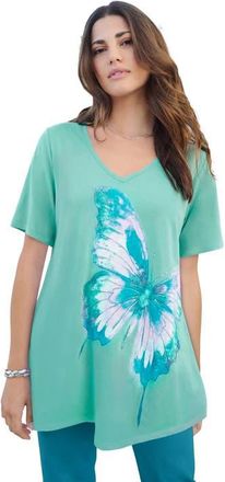 Roaman's Plus Size Ultimate Short Sleeve Swing Tee in Turquoise Painted Butterfly at Nordstrom, Size 32