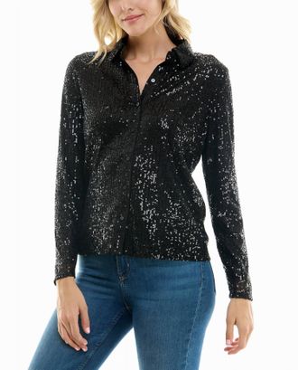 Nicole Miller Nora Sequin Button Front Shirt In Very Black