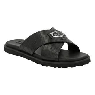 Philipp Plein Schoenen, Heren, Zwart, 45 EU, Leer, Leren Slippers Criss-Cross Cocco