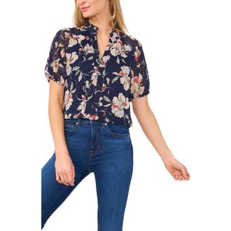 CeCe by Cynthia Steffe Floral Print Ruffle Neck Top in Classic Navy at Nordstrom, Size Small