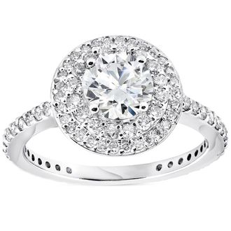 Pompeii3 1 3/4 CT Double Halo Round Cut Diamond Engagement Ring 14k White Gold